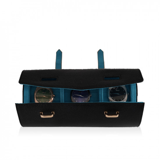 Travel Leather Storage Bag for 3 Watches with Strap - Black/Beige