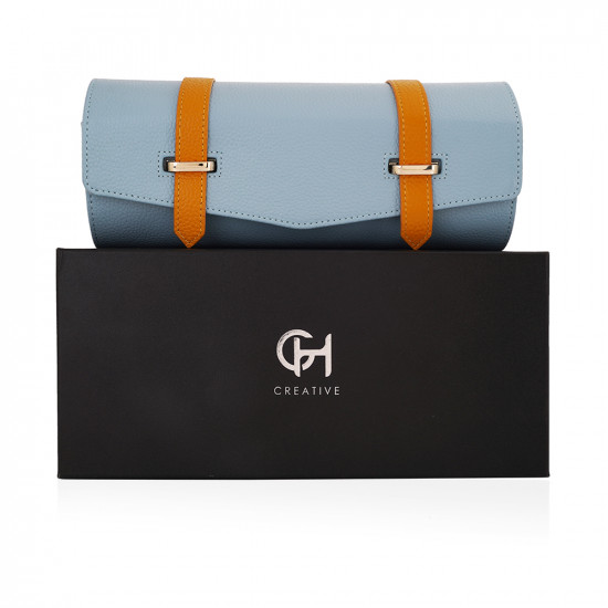 Travel Leather Storage Bag for 3 Watches with Strap - Baby Blue/Beige