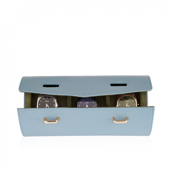 Travel Leather Storage Bag for 3 Watches with Strap - Baby Blue/Beige