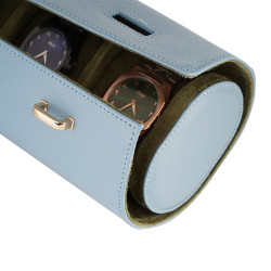 Travel Leather Storage Bag for 3 Watches with Strap - Baby Blue/Beige
