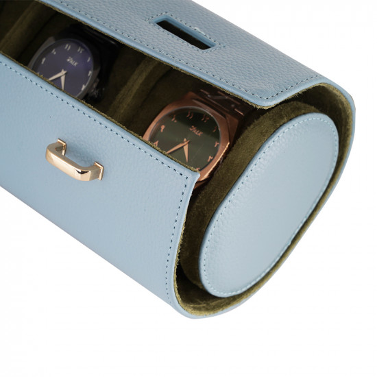 Travel Leather Storage Bag for 3 Watches with Strap - Baby Blue/Beige