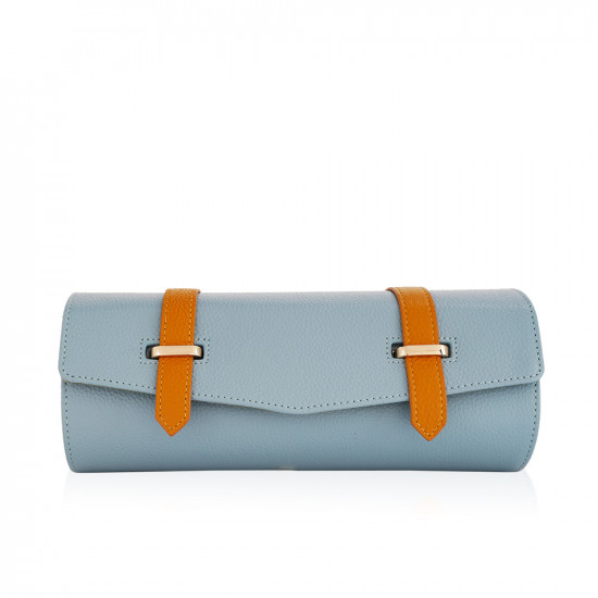 Travel Leather Storage Bag for 3 Watches with Strap - Baby Blue/Beige