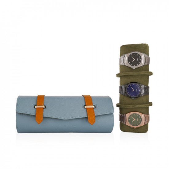 Travel Leather Storage Bag for 3 Watches with Strap - Baby Blue/Beige