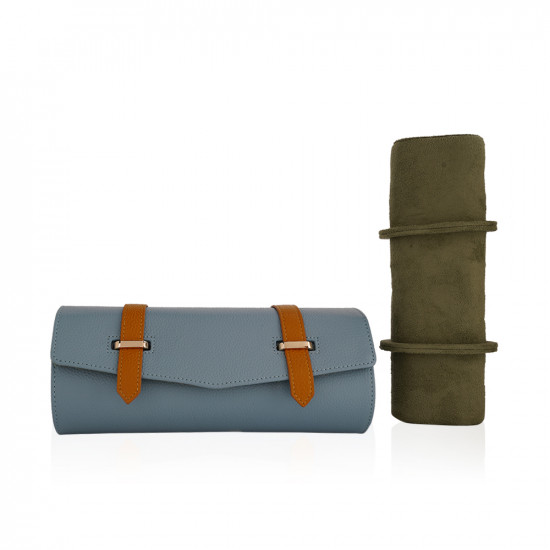 Travel Leather Storage Bag for 3 Watches with Strap - Baby Blue/Beige