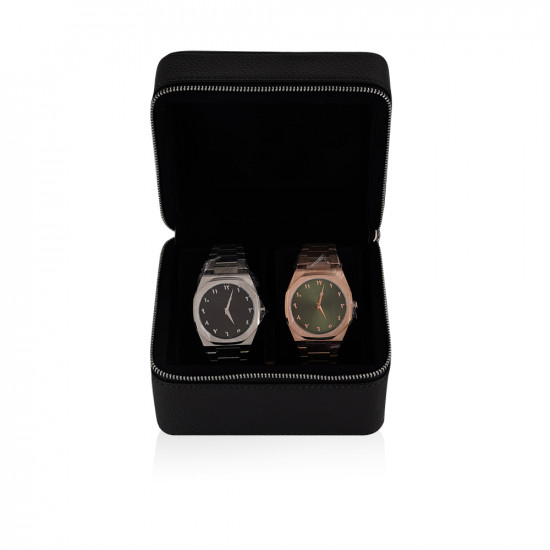 Travel Leather Storage Box for 2 Watches - Black