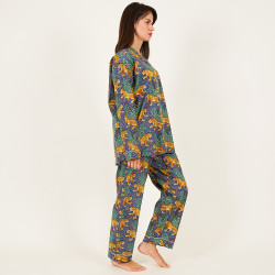 Long-Sleeved Cotton Pajamas - Petrol Blue