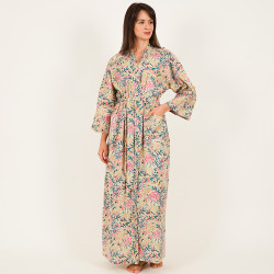 Cotton Kimono Robe - Floral Beige - Free Size