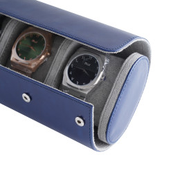 Travel Leather Storage Bag for 3 Watches - Blue / Gray Velvet