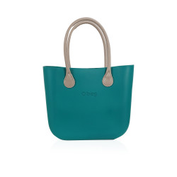 Classic Bag With Long Leather Handles - Petrol Green With White