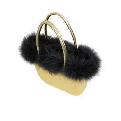 Bag With Golden Handles And Real Black Fur - Mustard With Black