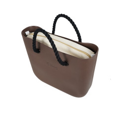 Bag With Short Black Rope Handles - Chocolate With Beige