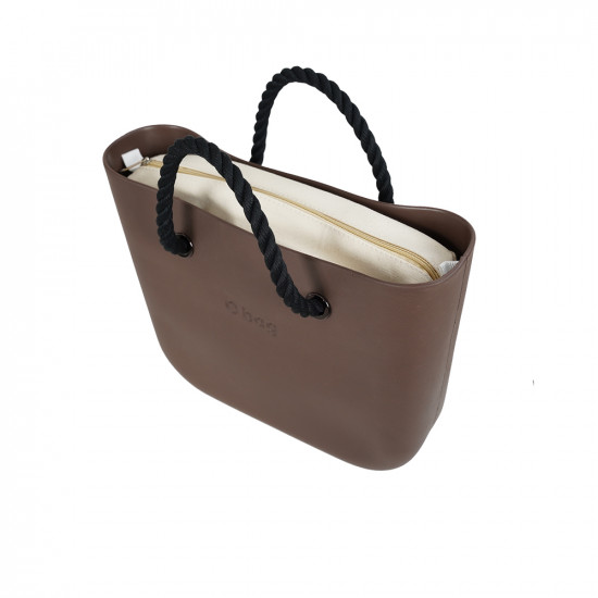 Bag With Short Black Rope Handles - Chocolate With Beige