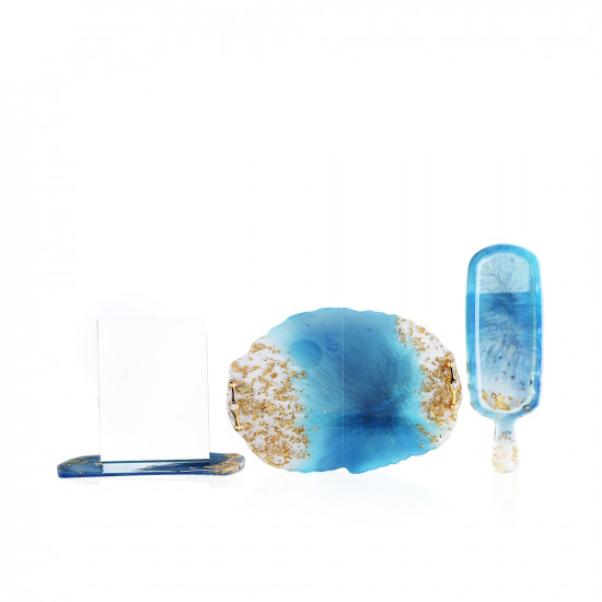 oval tray - serving stand - mirror with base - blue with gold paper
