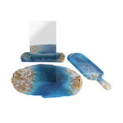oval tray - serving stand - mirror with base - blue with gold paper